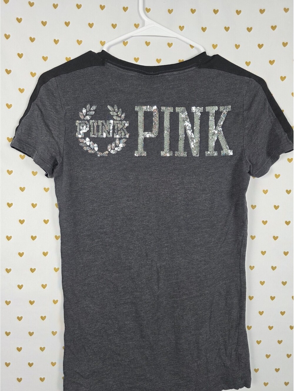 Victorias Secret PINK BLING Sequined Crest Logo tee Shirt SMALL